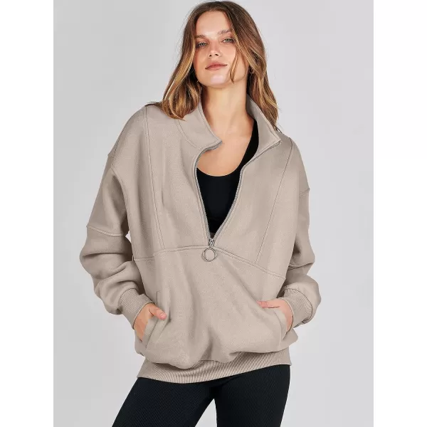 imageANRABESS Womens Oversized Quarter Zip Sweatshirt Long Sleeve Drop Shoulder Pullover Fleece Half Zip Hoodie Fall ClothesLight Brown