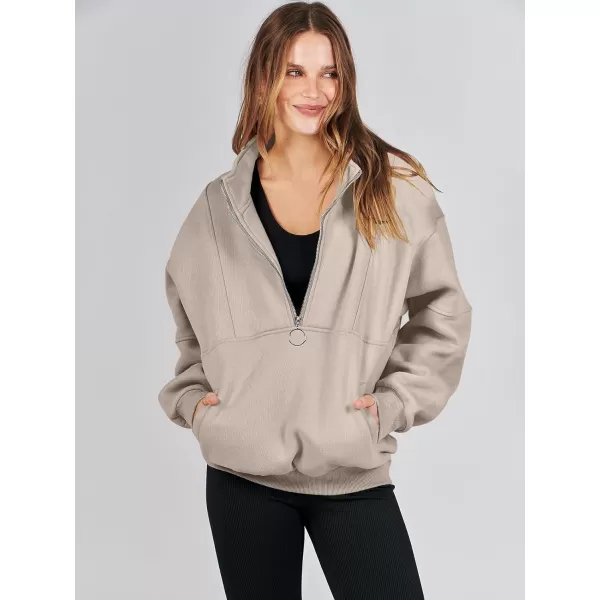 imageANRABESS Womens Oversized Quarter Zip Sweatshirt Long Sleeve Drop Shoulder Pullover Fleece Half Zip Hoodie Fall ClothesLight Brown