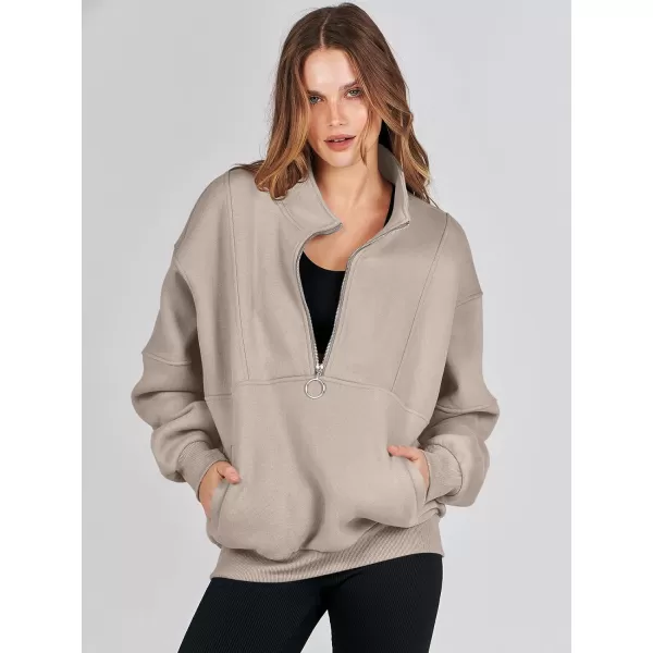 imageANRABESS Womens Oversized Quarter Zip Sweatshirt Long Sleeve Drop Shoulder Pullover Fleece Half Zip Hoodie Fall ClothesLight Brown