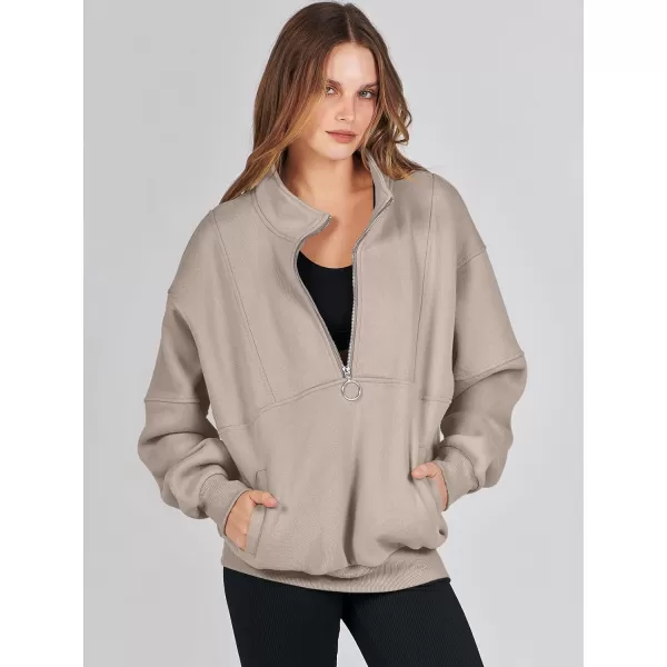 imageANRABESS Womens Oversized Quarter Zip Sweatshirt Long Sleeve Drop Shoulder Pullover Fleece Half Zip Hoodie Fall ClothesLight Brown