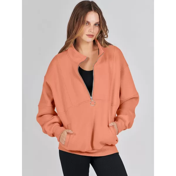 imageANRABESS Womens Oversized Quarter Zip Sweatshirt Long Sleeve Drop Shoulder Pullover Fleece Half Zip Hoodie Fall ClothesOrange