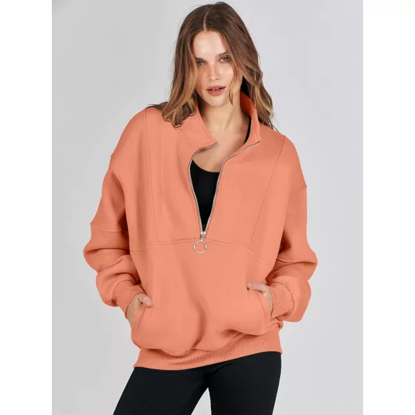 imageANRABESS Womens Oversized Quarter Zip Sweatshirt Long Sleeve Drop Shoulder Pullover Fleece Half Zip Hoodie Fall ClothesOrange