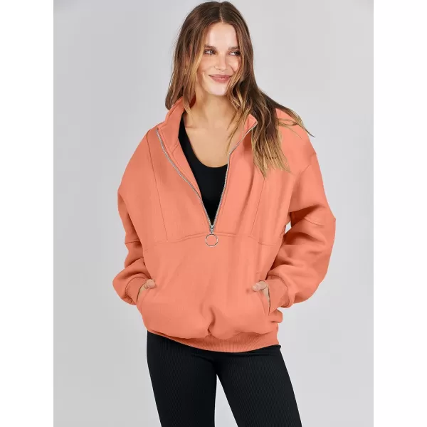imageANRABESS Womens Oversized Quarter Zip Sweatshirt Long Sleeve Drop Shoulder Pullover Fleece Half Zip Hoodie Fall ClothesOrange
