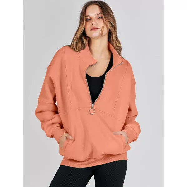 imageANRABESS Womens Oversized Quarter Zip Sweatshirt Long Sleeve Drop Shoulder Pullover Fleece Half Zip Hoodie Fall ClothesOrange