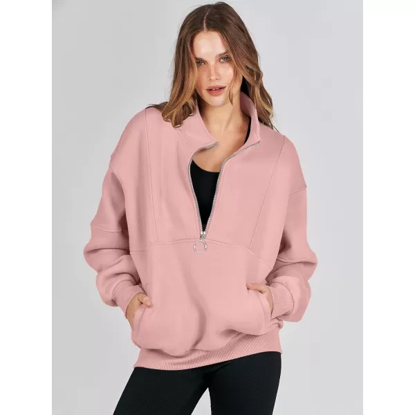 imageANRABESS Womens Oversized Quarter Zip Sweatshirt Long Sleeve Drop Shoulder Pullover Fleece Half Zip Hoodie Fall ClothesPink