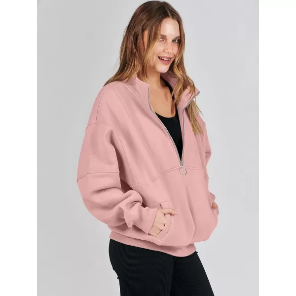 imageANRABESS Womens Oversized Quarter Zip Sweatshirt Long Sleeve Drop Shoulder Pullover Fleece Half Zip Hoodie Fall ClothesPink