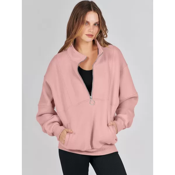 imageANRABESS Womens Oversized Quarter Zip Sweatshirt Long Sleeve Drop Shoulder Pullover Fleece Half Zip Hoodie Fall ClothesPink
