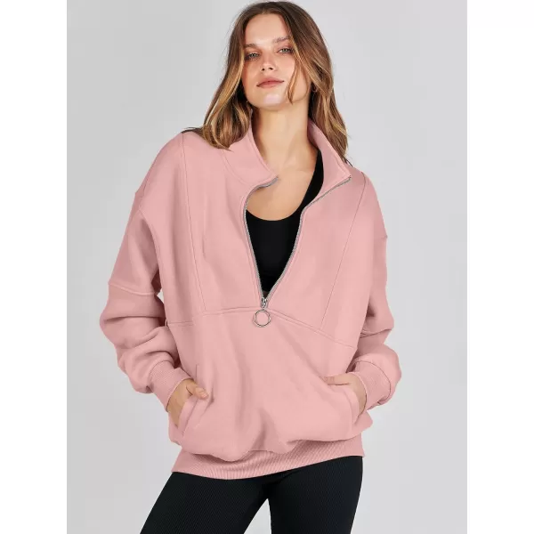 imageANRABESS Womens Oversized Quarter Zip Sweatshirt Long Sleeve Drop Shoulder Pullover Fleece Half Zip Hoodie Fall ClothesPink