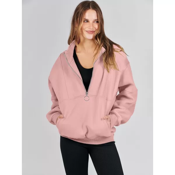 imageANRABESS Womens Oversized Quarter Zip Sweatshirt Long Sleeve Drop Shoulder Pullover Fleece Half Zip Hoodie Fall ClothesPink