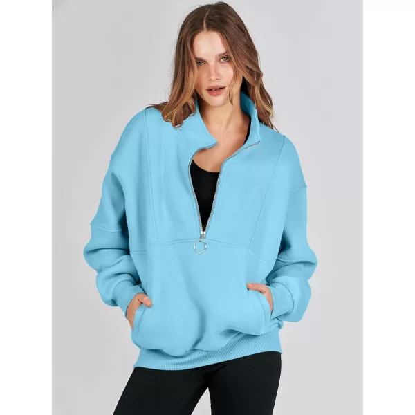 imageANRABESS Womens Oversized Quarter Zip Sweatshirt Long Sleeve Drop Shoulder Pullover Fleece Half Zip Hoodie Fall ClothesSky