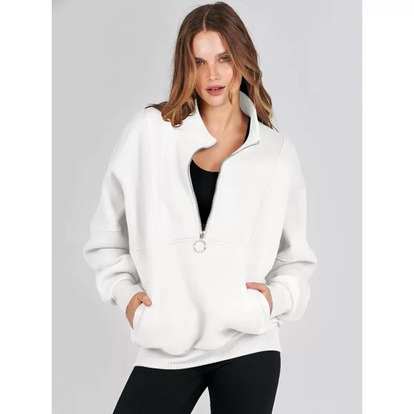 imageANRABESS Womens Oversized Quarter Zip Sweatshirt Long Sleeve Drop Shoulder Pullover Fleece Half Zip Hoodie Fall ClothesWhite