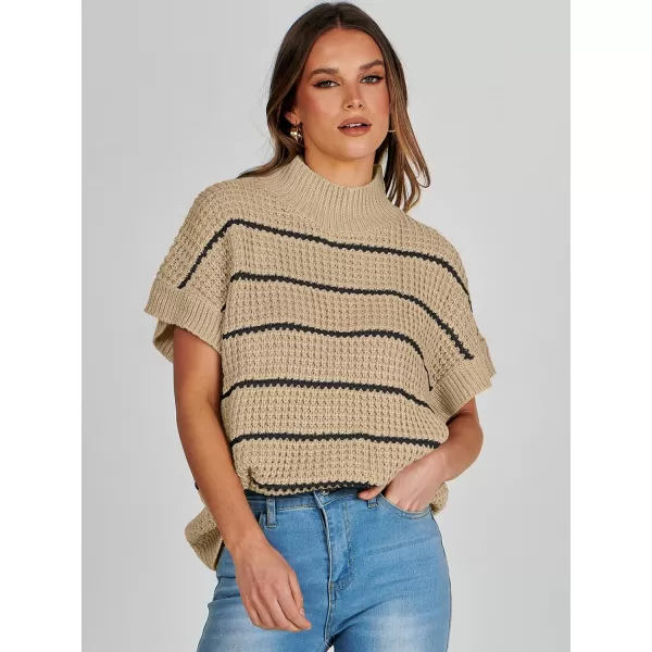 imageANRABESS Womens Oversized Short Batwing Sleeve Mock Neck Sweater Vest 2024 Spring Sleeveless Sweaters Knit Pullover TopsApricot Black Stripe