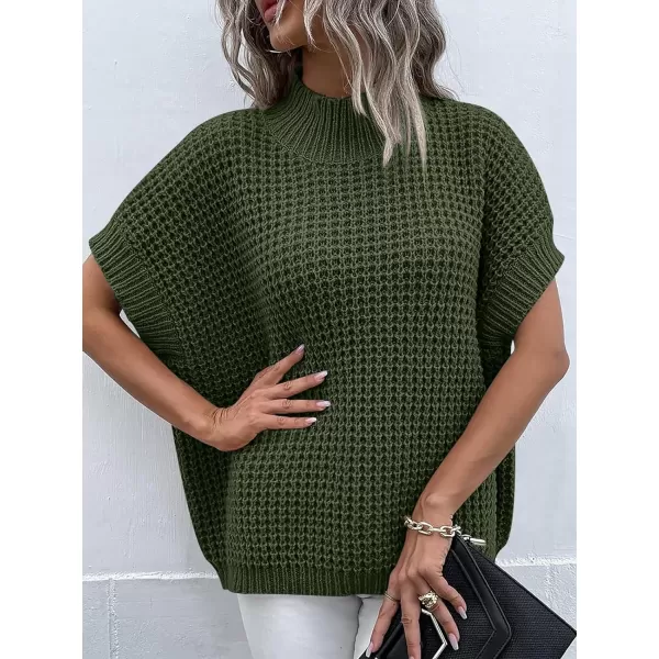 imageANRABESS Womens Oversized Short Batwing Sleeve Mock Neck Sweater Vest 2024 Spring Sleeveless Sweaters Knit Pullover TopsArmy Green