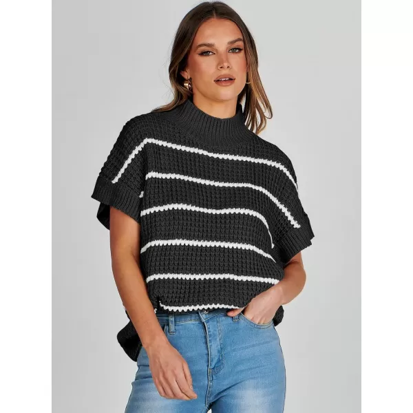 imageANRABESS Womens Oversized Short Batwing Sleeve Mock Neck Sweater Vest 2024 Spring Sleeveless Sweaters Knit Pullover TopsBlack White Stripe