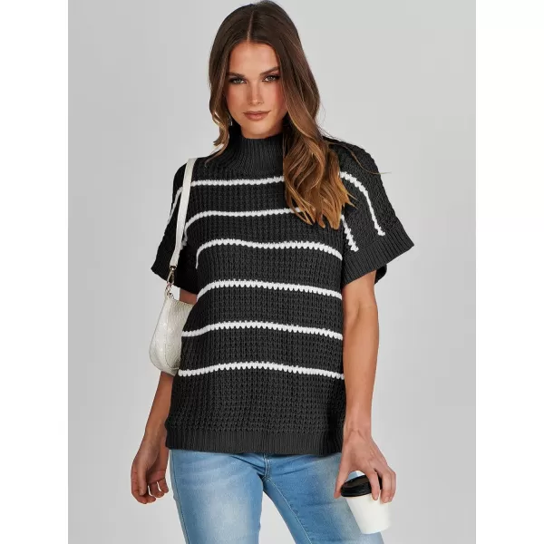 imageANRABESS Womens Oversized Short Batwing Sleeve Mock Neck Sweater Vest 2024 Spring Sleeveless Sweaters Knit Pullover TopsBlack White Stripe