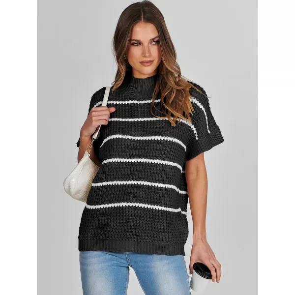imageANRABESS Womens Oversized Short Batwing Sleeve Mock Neck Sweater Vest 2024 Spring Sleeveless Sweaters Knit Pullover TopsBlack White Stripe