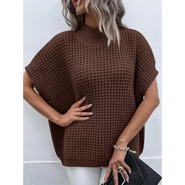 imageANRABESS Womens Oversized Short Batwing Sleeve Mock Neck Sweater Vest 2024 Spring Sleeveless Sweaters Knit Pullover TopsBrown