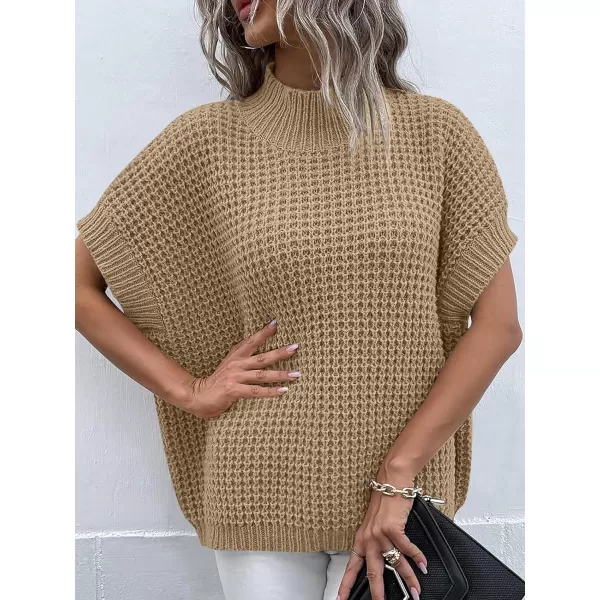 imageANRABESS Womens Oversized Short Batwing Sleeve Mock Neck Sweater Vest 2024 Spring Sleeveless Sweaters Knit Pullover TopsKhaki