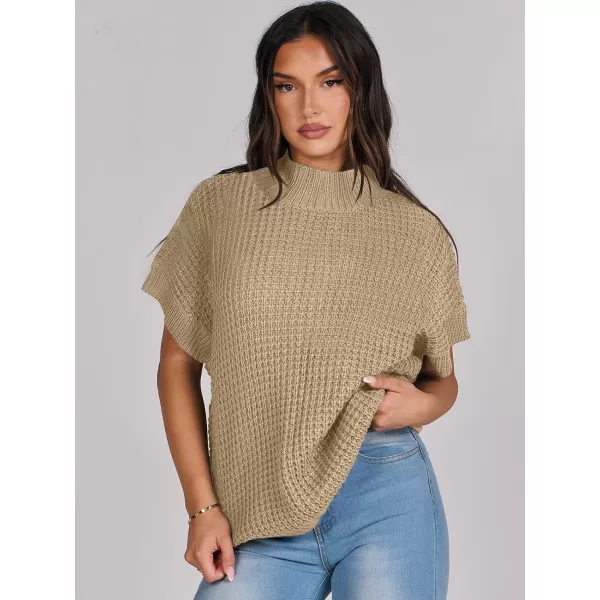 imageANRABESS Womens Oversized Short Batwing Sleeve Mock Neck Sweater Vest 2024 Spring Sleeveless Sweaters Knit Pullover TopsLight Khaki