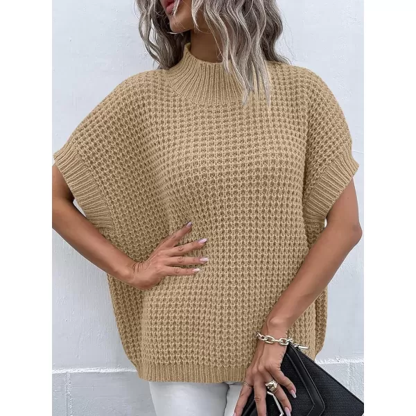 imageANRABESS Womens Oversized Short Batwing Sleeve Mock Neck Sweater Vest 2024 Spring Sleeveless Sweaters Knit Pullover TopsLight Khaki