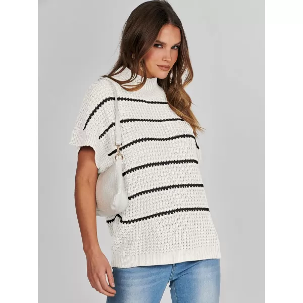 imageANRABESS Womens Oversized Short Batwing Sleeve Mock Neck Sweater Vest 2024 Spring Sleeveless Sweaters Knit Pullover TopsWhite Black Stripe