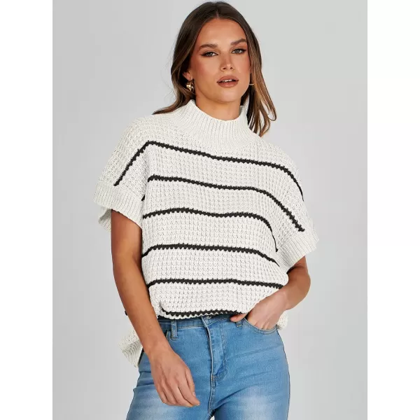 imageANRABESS Womens Oversized Short Batwing Sleeve Mock Neck Sweater Vest 2024 Spring Sleeveless Sweaters Knit Pullover TopsWhite Black Stripe