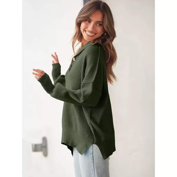 imageANRABESS Womens Oversized Sweater 2023 Fall Long Sleeve Button Up V Neck Collar Drop Shoulder Knit Pullover Shirt TopArmy Green