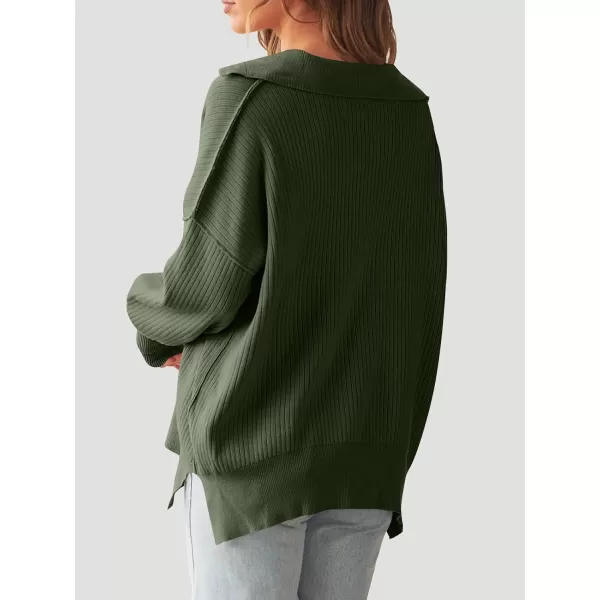 imageANRABESS Womens Oversized Sweater 2023 Fall Long Sleeve Button Up V Neck Collar Drop Shoulder Knit Pullover Shirt TopArmy Green