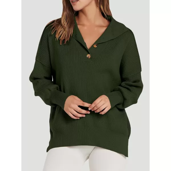 imageANRABESS Womens Oversized Sweater 2023 Fall Long Sleeve Button Up V Neck Collar Drop Shoulder Knit Pullover Shirt TopArmy Green