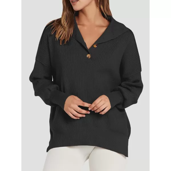 imageANRABESS Womens Oversized Sweater 2023 Fall Long Sleeve Button Up V Neck Collar Drop Shoulder Knit Pullover Shirt TopBlack