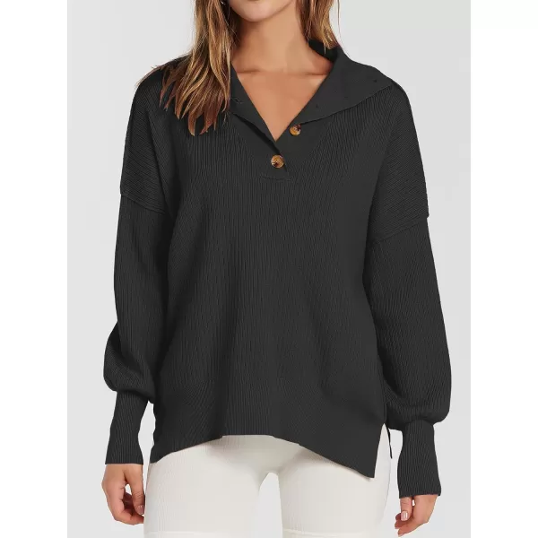 imageANRABESS Womens Oversized Sweater 2023 Fall Long Sleeve Button Up V Neck Collar Drop Shoulder Knit Pullover Shirt TopBlack
