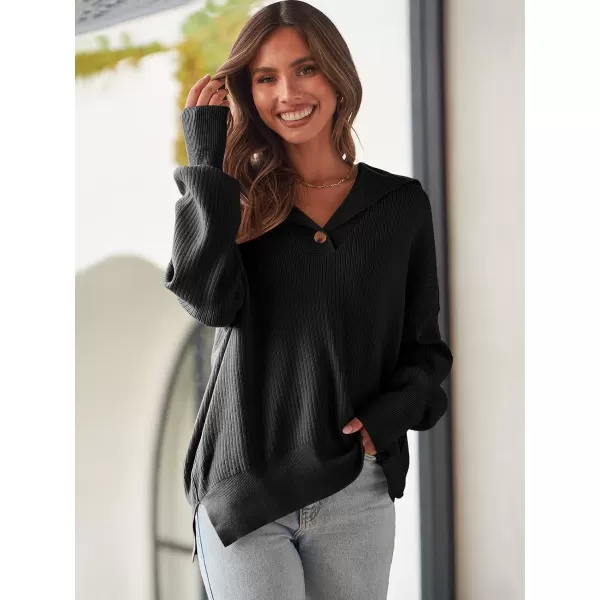 imageANRABESS Womens Oversized Sweater 2023 Fall Long Sleeve Button Up V Neck Collar Drop Shoulder Knit Pullover Shirt TopBlack