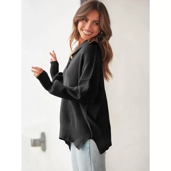 imageANRABESS Womens Oversized Sweater 2023 Fall Long Sleeve Button Up V Neck Collar Drop Shoulder Knit Pullover Shirt TopBlack