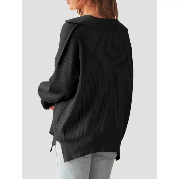imageANRABESS Womens Oversized Sweater 2023 Fall Long Sleeve Button Up V Neck Collar Drop Shoulder Knit Pullover Shirt TopBlack