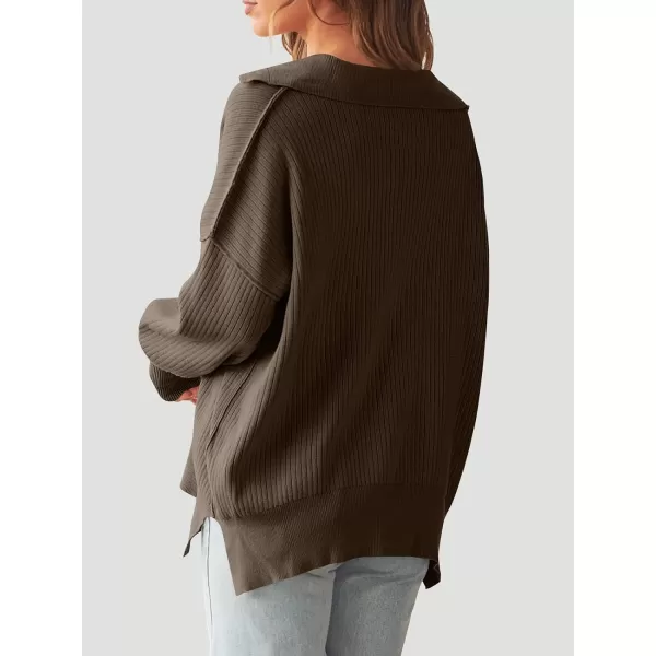 imageANRABESS Womens Oversized Sweater 2023 Fall Long Sleeve Button Up V Neck Collar Drop Shoulder Knit Pullover Shirt TopBrown