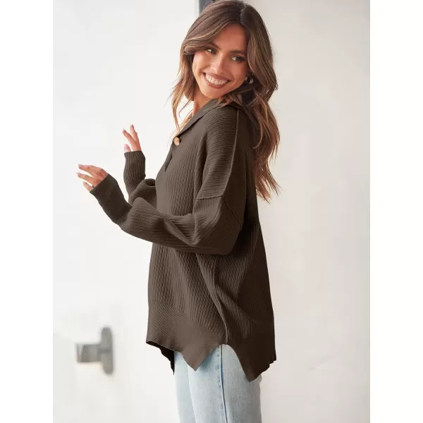 imageANRABESS Womens Oversized Sweater 2023 Fall Long Sleeve Button Up V Neck Collar Drop Shoulder Knit Pullover Shirt TopBrown