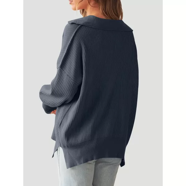 imageANRABESS Womens Oversized Sweater 2023 Fall Long Sleeve Button Up V Neck Collar Drop Shoulder Knit Pullover Shirt TopDusty Blue