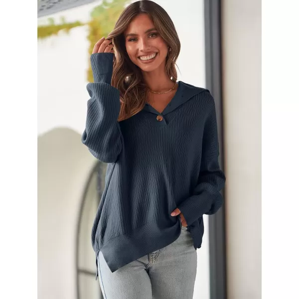 imageANRABESS Womens Oversized Sweater 2023 Fall Long Sleeve Button Up V Neck Collar Drop Shoulder Knit Pullover Shirt TopDusty Blue