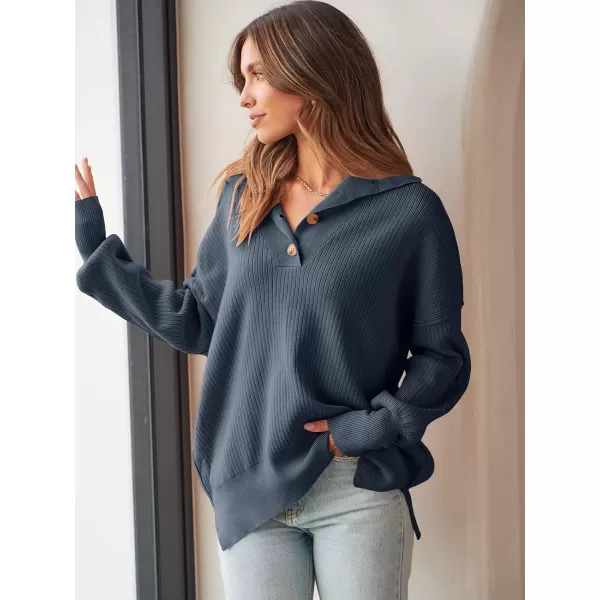 imageANRABESS Womens Oversized Sweater 2023 Fall Long Sleeve Button Up V Neck Collar Drop Shoulder Knit Pullover Shirt TopDusty Blue
