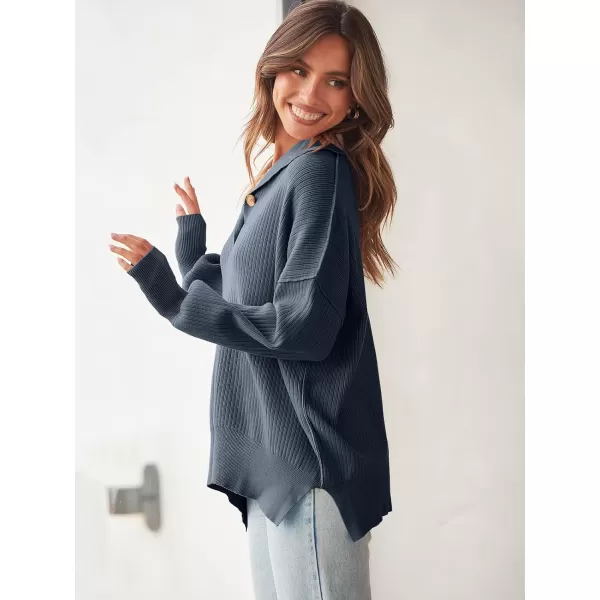 imageANRABESS Womens Oversized Sweater 2023 Fall Long Sleeve Button Up V Neck Collar Drop Shoulder Knit Pullover Shirt TopDusty Blue