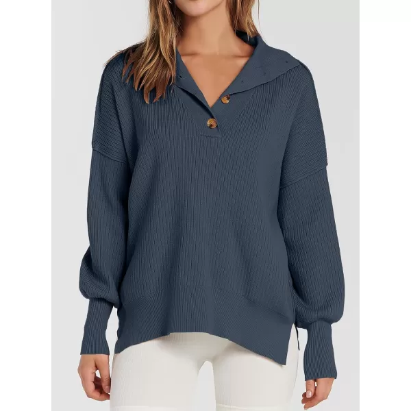 imageANRABESS Womens Oversized Sweater 2023 Fall Long Sleeve Button Up V Neck Collar Drop Shoulder Knit Pullover Shirt TopDusty Blue