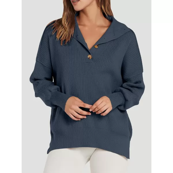 imageANRABESS Womens Oversized Sweater 2023 Fall Long Sleeve Button Up V Neck Collar Drop Shoulder Knit Pullover Shirt TopDusty Blue