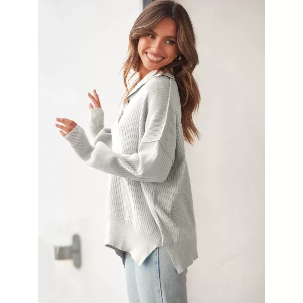 imageANRABESS Womens Oversized Sweater 2023 Fall Long Sleeve Button Up V Neck Collar Drop Shoulder Knit Pullover Shirt TopGray