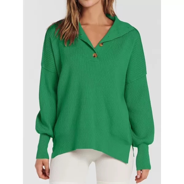 imageANRABESS Womens Oversized Sweater 2023 Fall Long Sleeve Button Up V Neck Collar Drop Shoulder Knit Pullover Shirt TopGreen