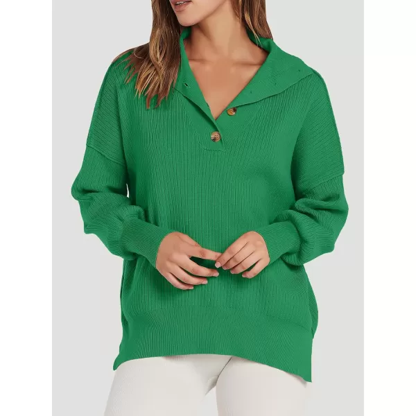imageANRABESS Womens Oversized Sweater 2023 Fall Long Sleeve Button Up V Neck Collar Drop Shoulder Knit Pullover Shirt TopGreen