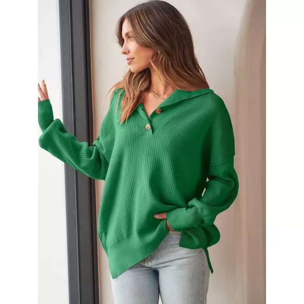 imageANRABESS Womens Oversized Sweater 2023 Fall Long Sleeve Button Up V Neck Collar Drop Shoulder Knit Pullover Shirt TopGreen