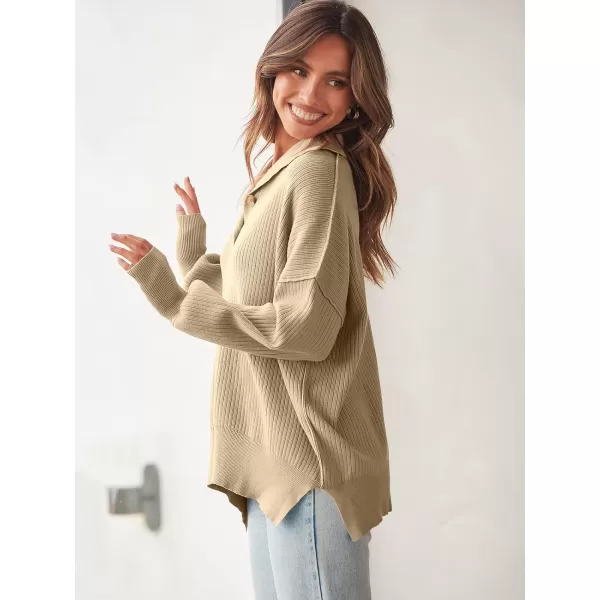 imageANRABESS Womens Oversized Sweater 2023 Fall Long Sleeve Button Up V Neck Collar Drop Shoulder Knit Pullover Shirt TopKhaki