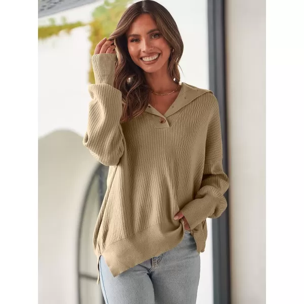 imageANRABESS Womens Oversized Sweater 2023 Fall Long Sleeve Button Up V Neck Collar Drop Shoulder Knit Pullover Shirt TopKhaki