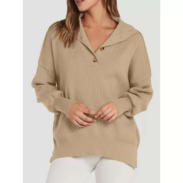 imageANRABESS Womens Oversized Sweater 2023 Fall Long Sleeve Button Up V Neck Collar Drop Shoulder Knit Pullover Shirt TopKhaki