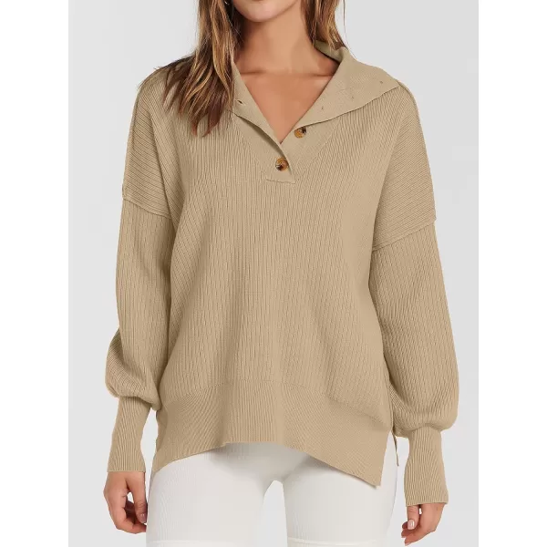 imageANRABESS Womens Oversized Sweater 2023 Fall Long Sleeve Button Up V Neck Collar Drop Shoulder Knit Pullover Shirt TopKhaki